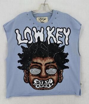 BKYS Stay Lowkey Light Blue Sleeveless Raw Hem French Terry Cropped Tee Sz M